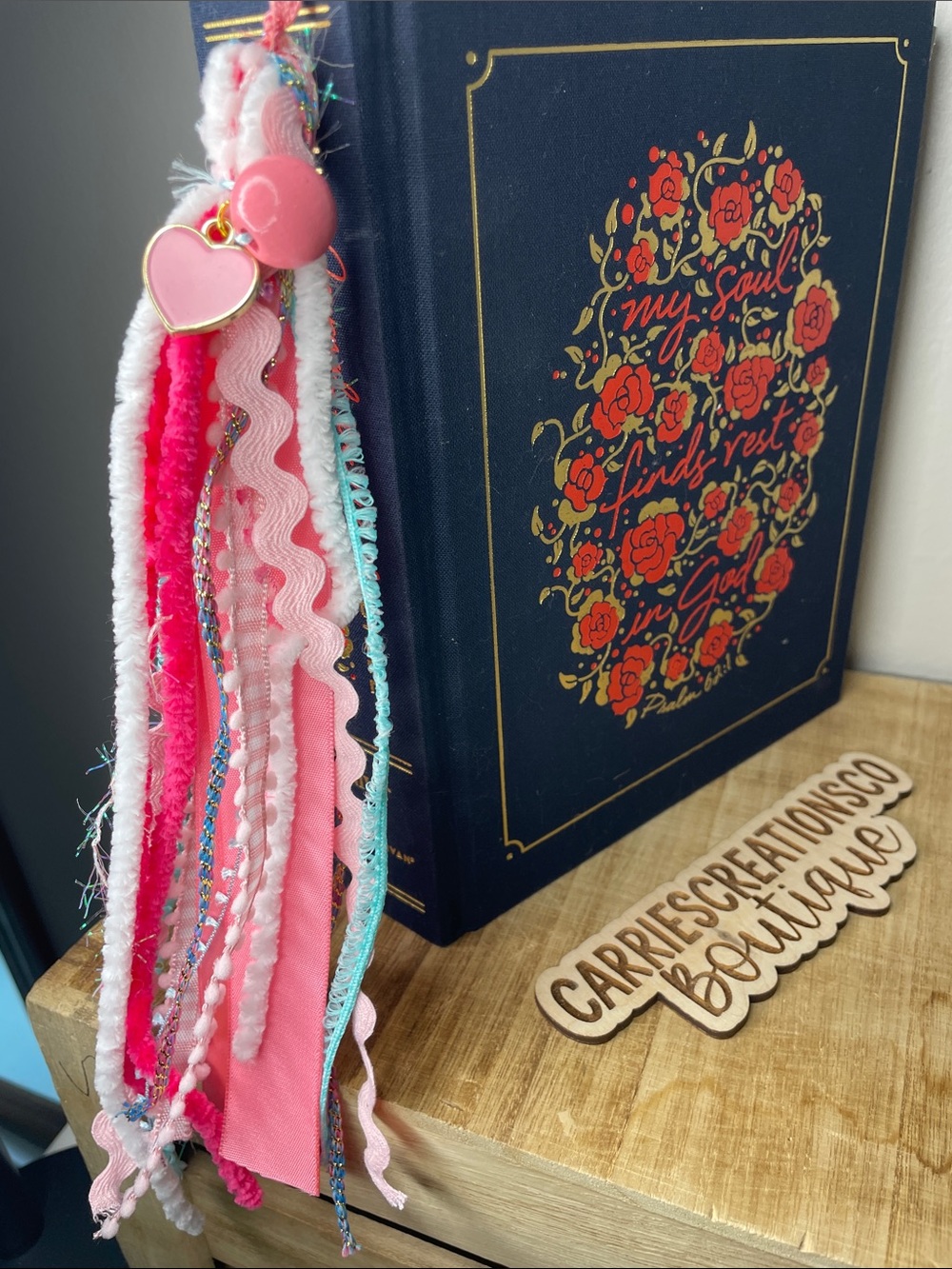 Pink & Aqua bible Tassel Bookmark with Heart Charm
